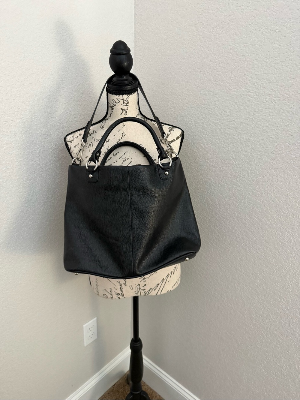Kattee Black Genuine Leather Pebbled Tote Satchel Crossbody Convertible Zip Top